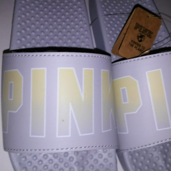 Victoria Secret PINK Slides Size Small 5 6 Gray Yellow Logo Slip On New With Tag - Picture 3 of 7